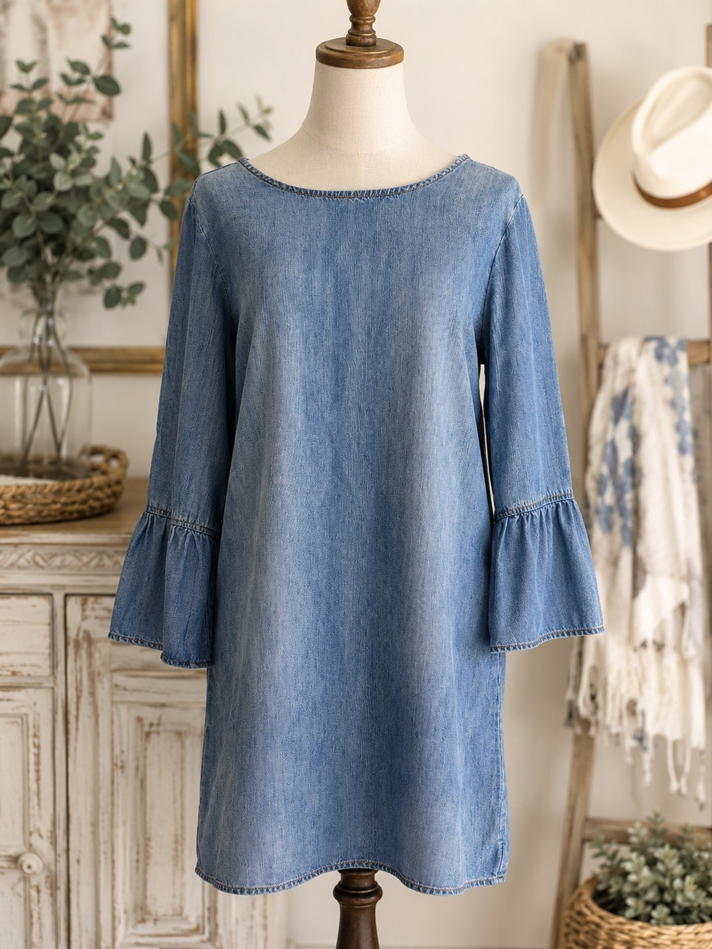 cloth & stone Light Blue Denim Mini Dress with Bell Sleeves
